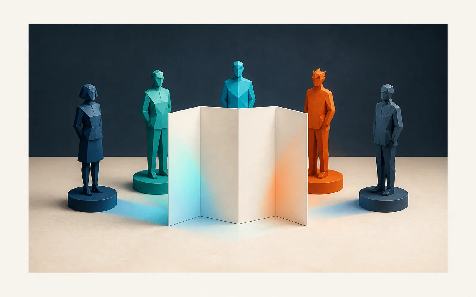 Five faceted role figures stand around a blank folded launch artifact under cyan and orange review light.