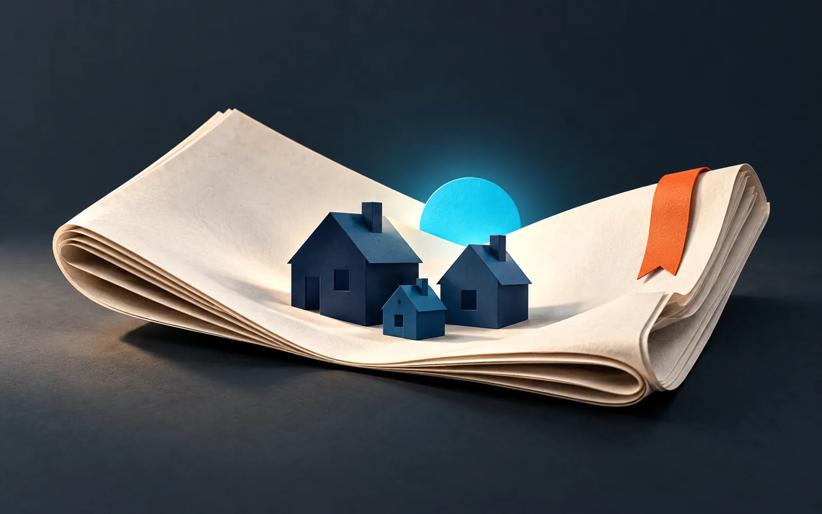 Three navy paper houses nestle in an open blank newspaper beneath a cyan sun and an orange bookmark.