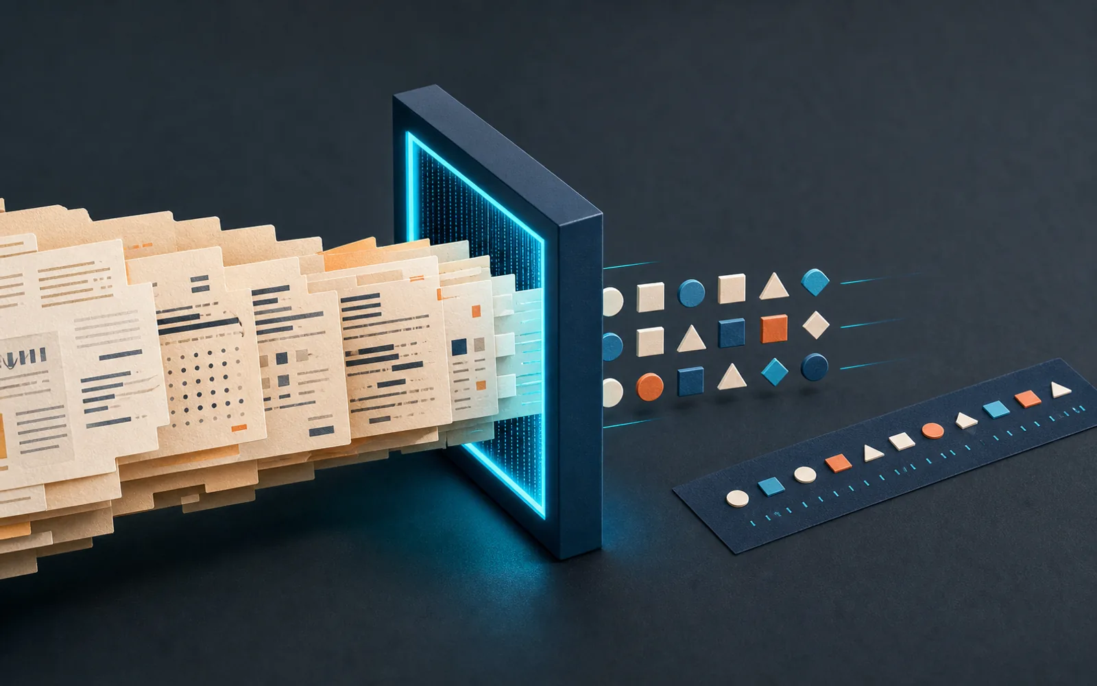 Layered clinical records pass through a cyan privacy frame and emerge as anonymous geometric tokens.