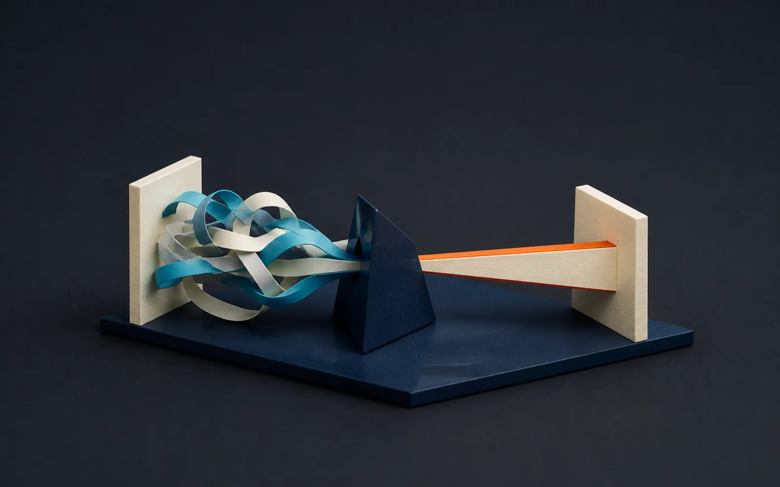 Tangled cyan and paper ribbons pass through a navy prism and resolve into one sharp orange-edged beam.