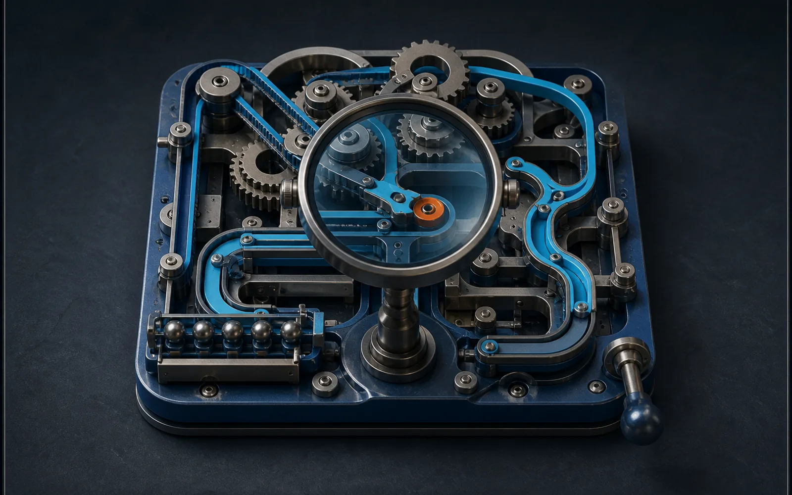 A compact automation mechanism is inspected through a centered magnifying lens that reveals one orange risk point.