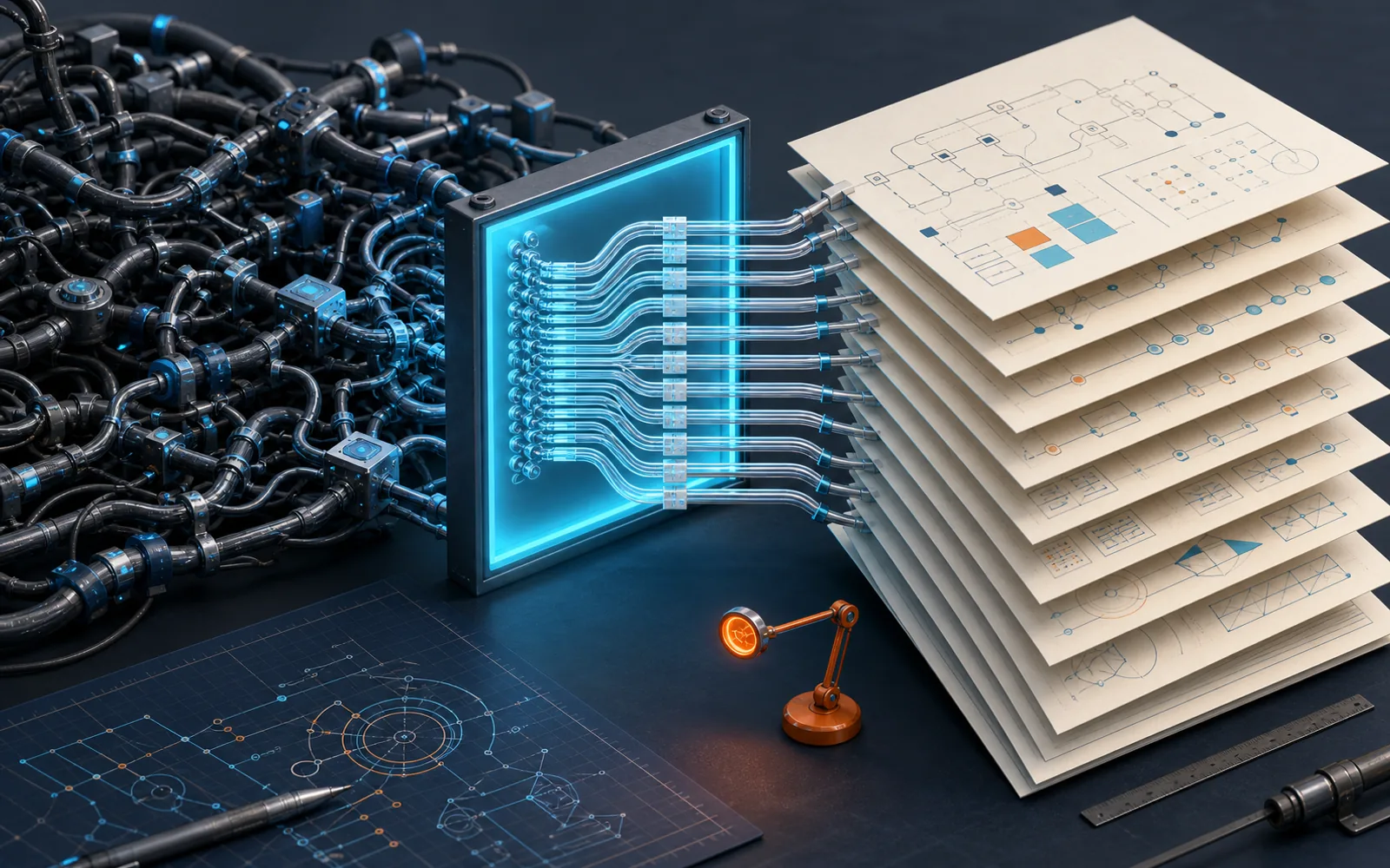 A tangled automation network resolves through a cyan organizing frame into orderly technical reference sheets.