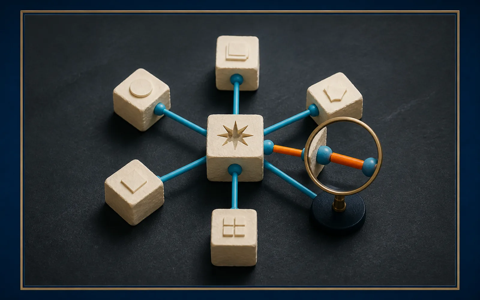 A star-shaped model of connected blocks is inspected through a lens that reveals one corrected orange relationship.