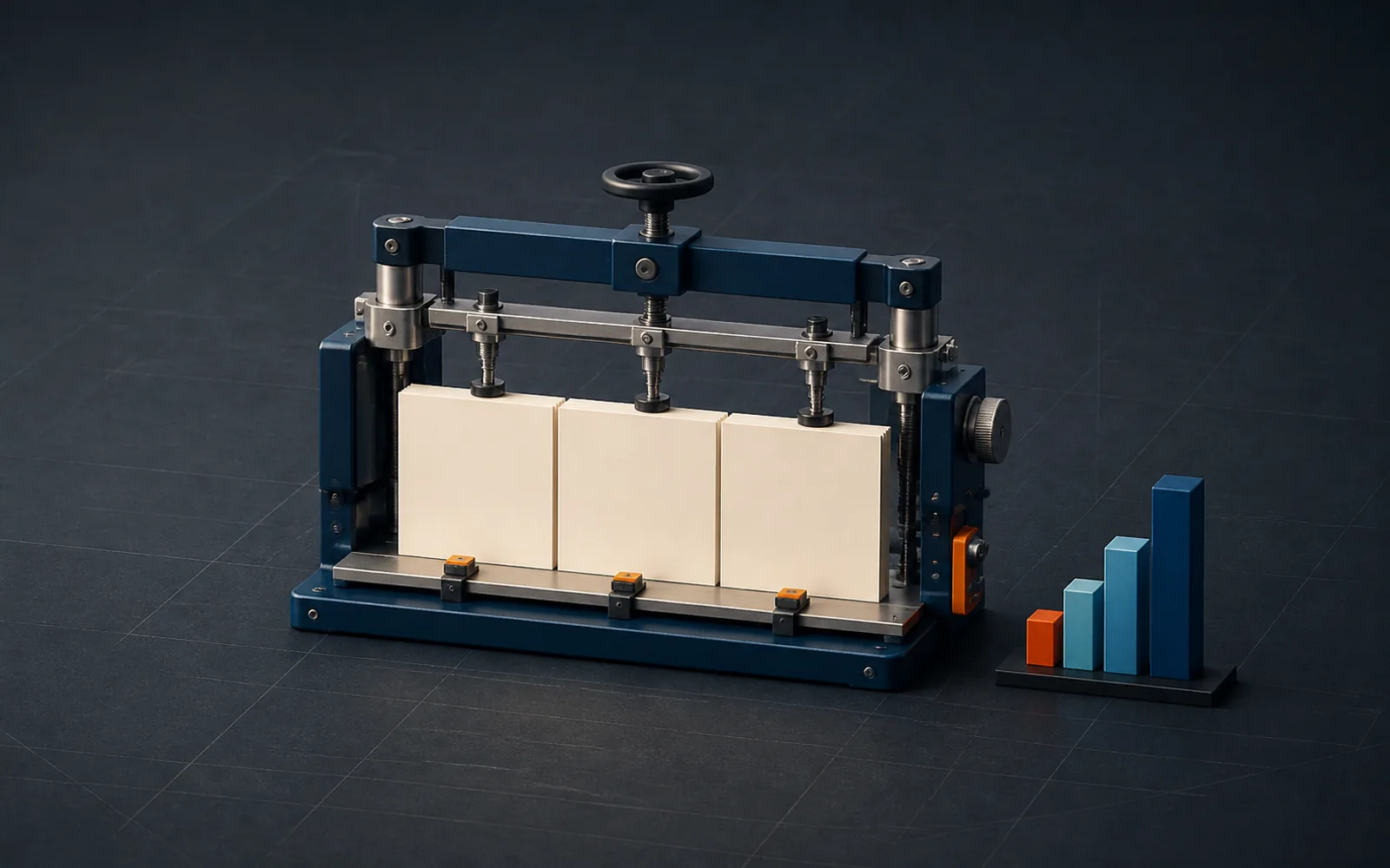 A compact precision press assembles three blank presentation panels beside one abstract rising chart form.
