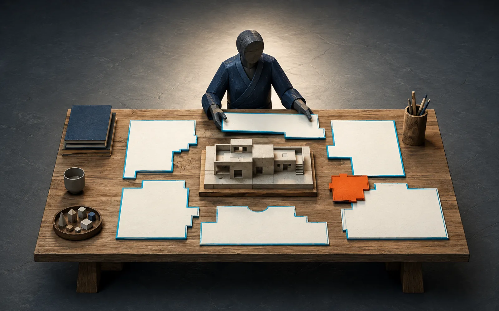 A faceless wooden steward arranges blank cyan-edged plan pieces around a small architectural model.