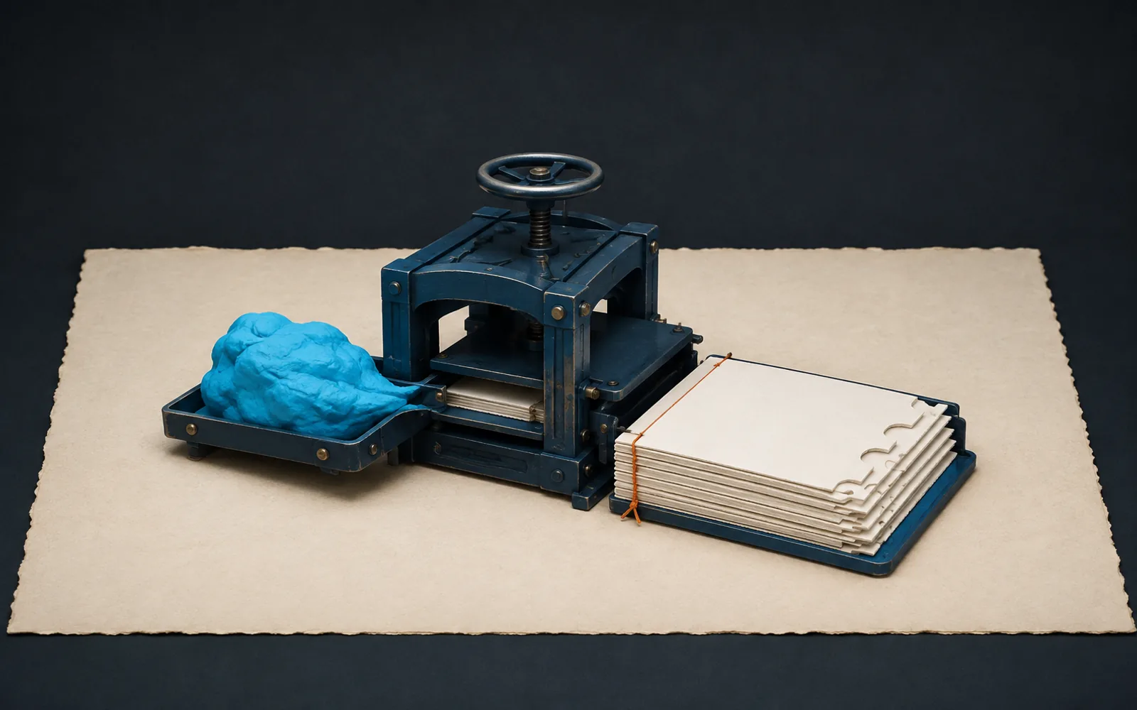 A navy hand press transforms a cyan clay form into a bound stack of blank structured paper sheets.