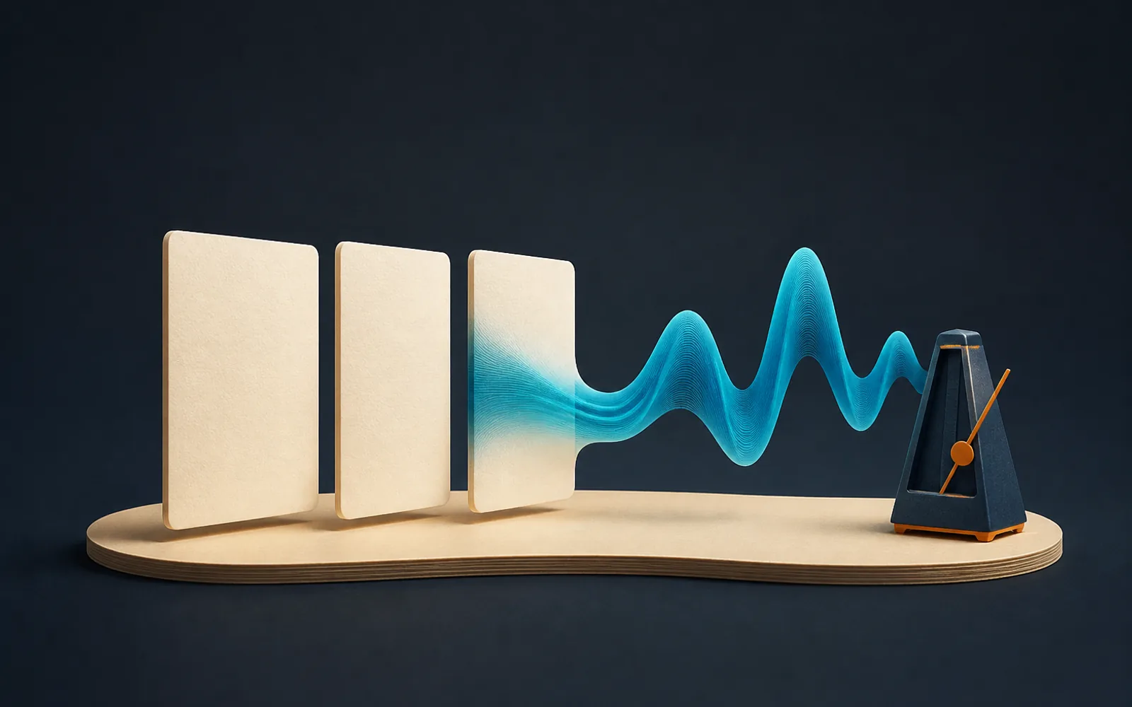 Three blank slide panels feed into a cyan voice waveform paced by an unmarked metronome.