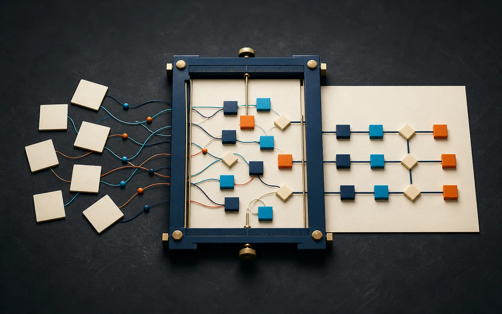 Loose process tiles and threads pass through a drafting frame and emerge as an orderly controlled pathway.