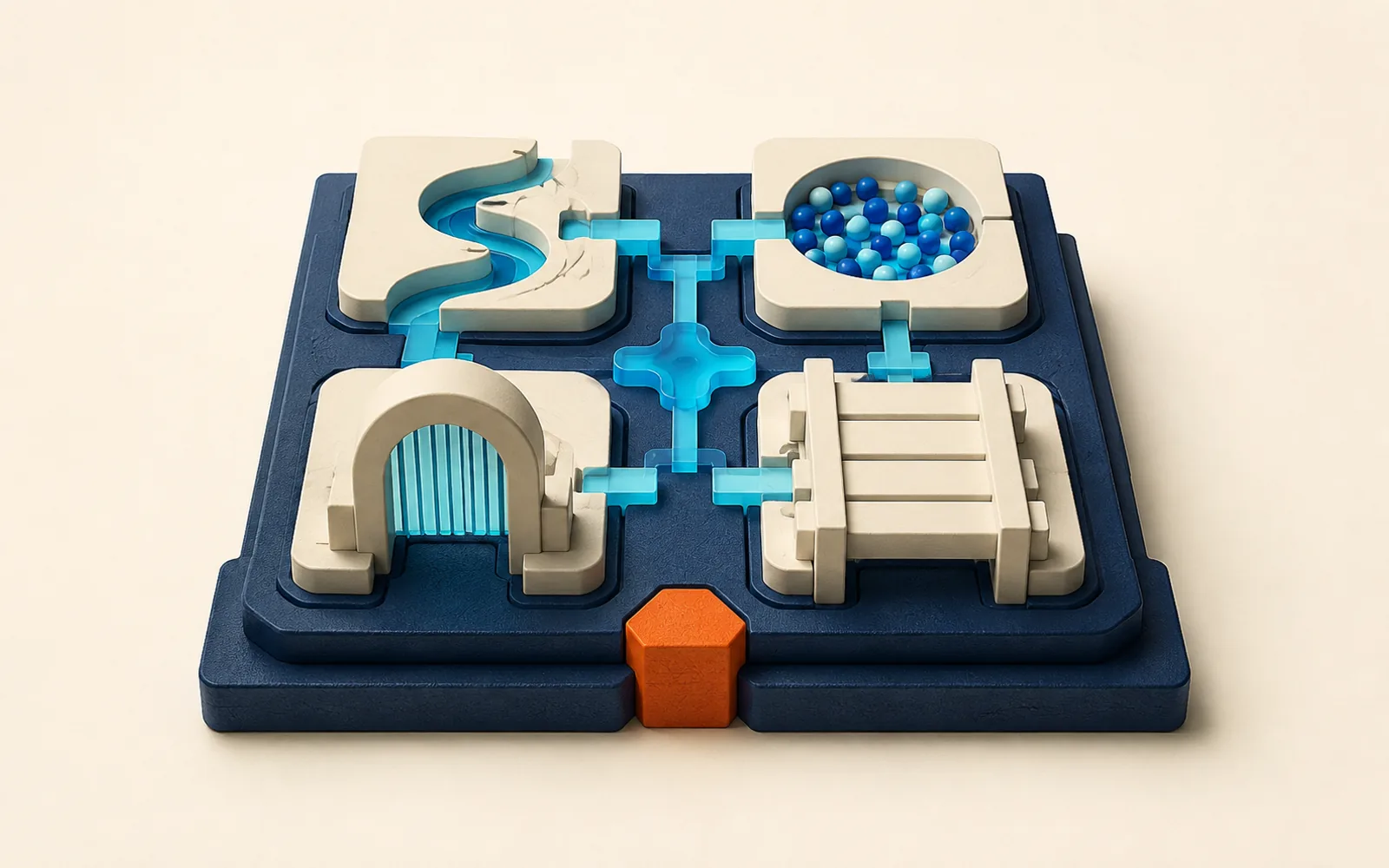 A navy platform connects four tactile workflow modules with cyan channels and an orange keystone.
