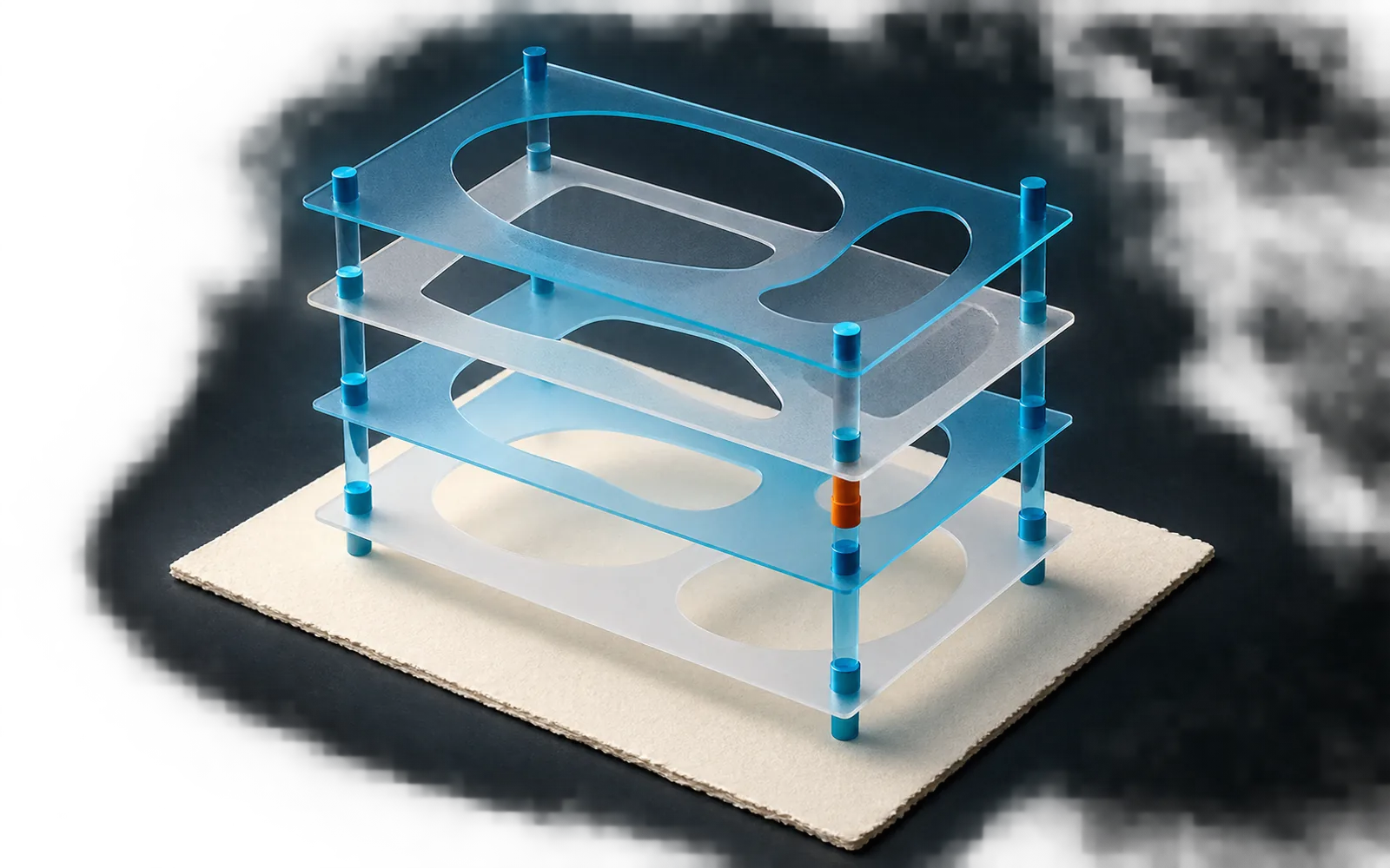 Four translucent drafting layers align on cyan pegs above blank paper, marked by one orange spacer.