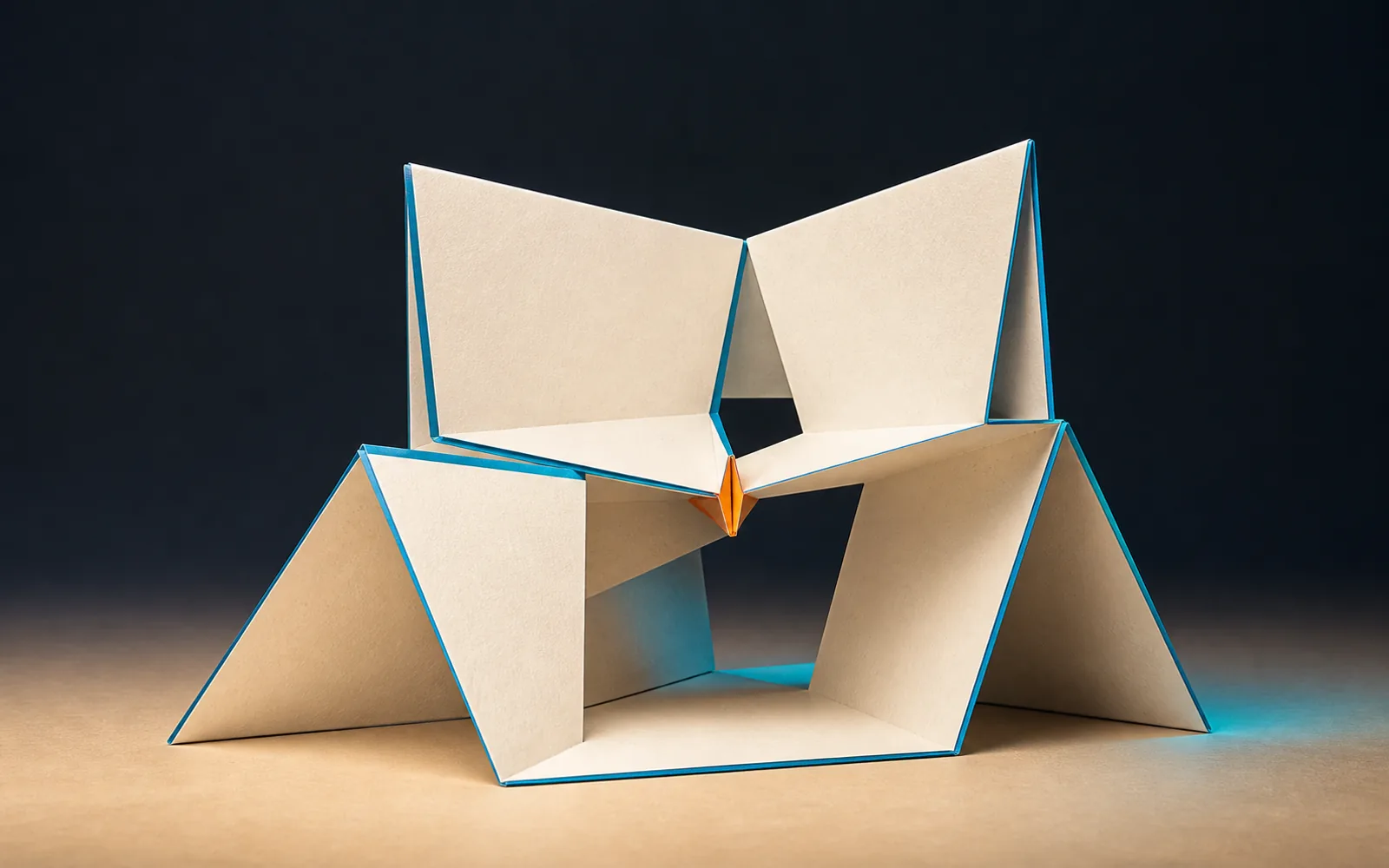 A blank warm-paper sheet folds into a freestanding cyan-edged architectural scaffold locked by one orange fold.