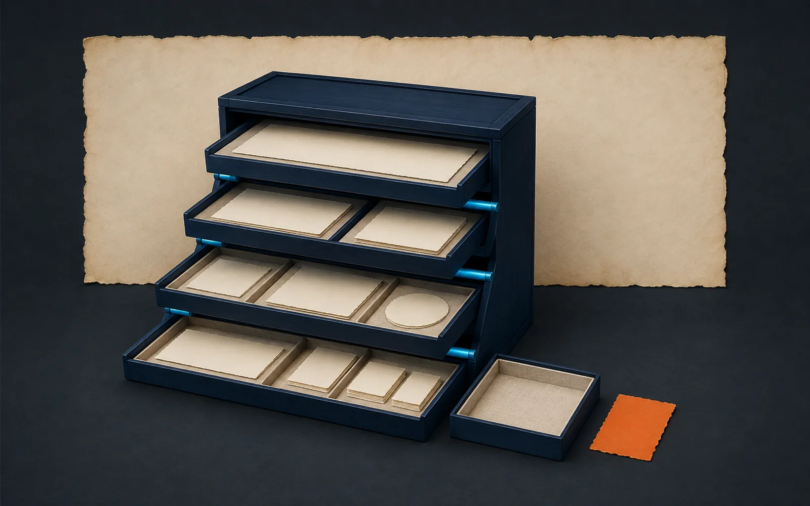 A navy cabinet sorts blank paper pieces into open planning trays beside an empty tray and orange unresolved piece.