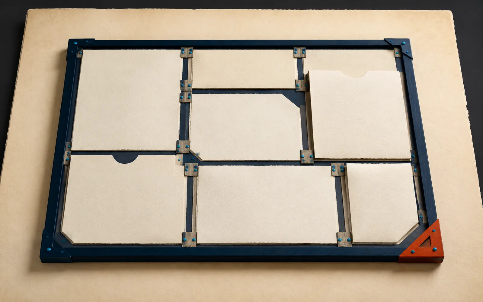 A navy drafting frame organizes six blank hinged paper pockets with cyan pins and an orange corner brace.
