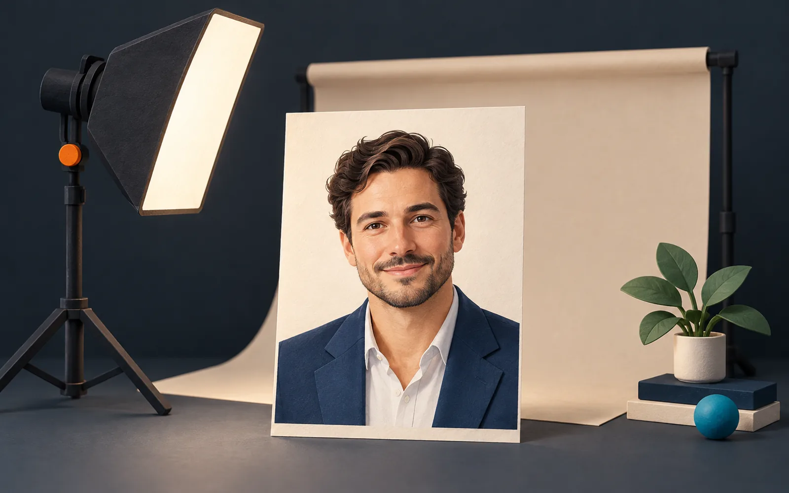 A portrait print in a studio with softbox lighting, a paper backdrop, and a navy jacket.