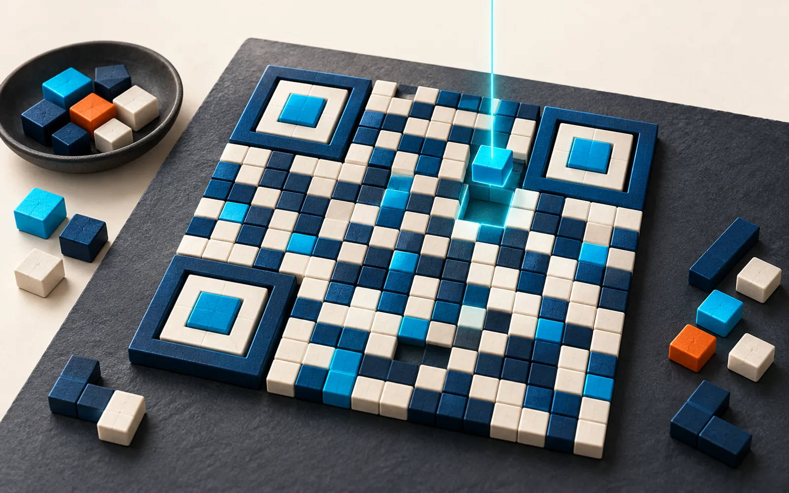 Dimensional square modules being assembled into an abstract QR-style matrix under a cyan alignment beam.