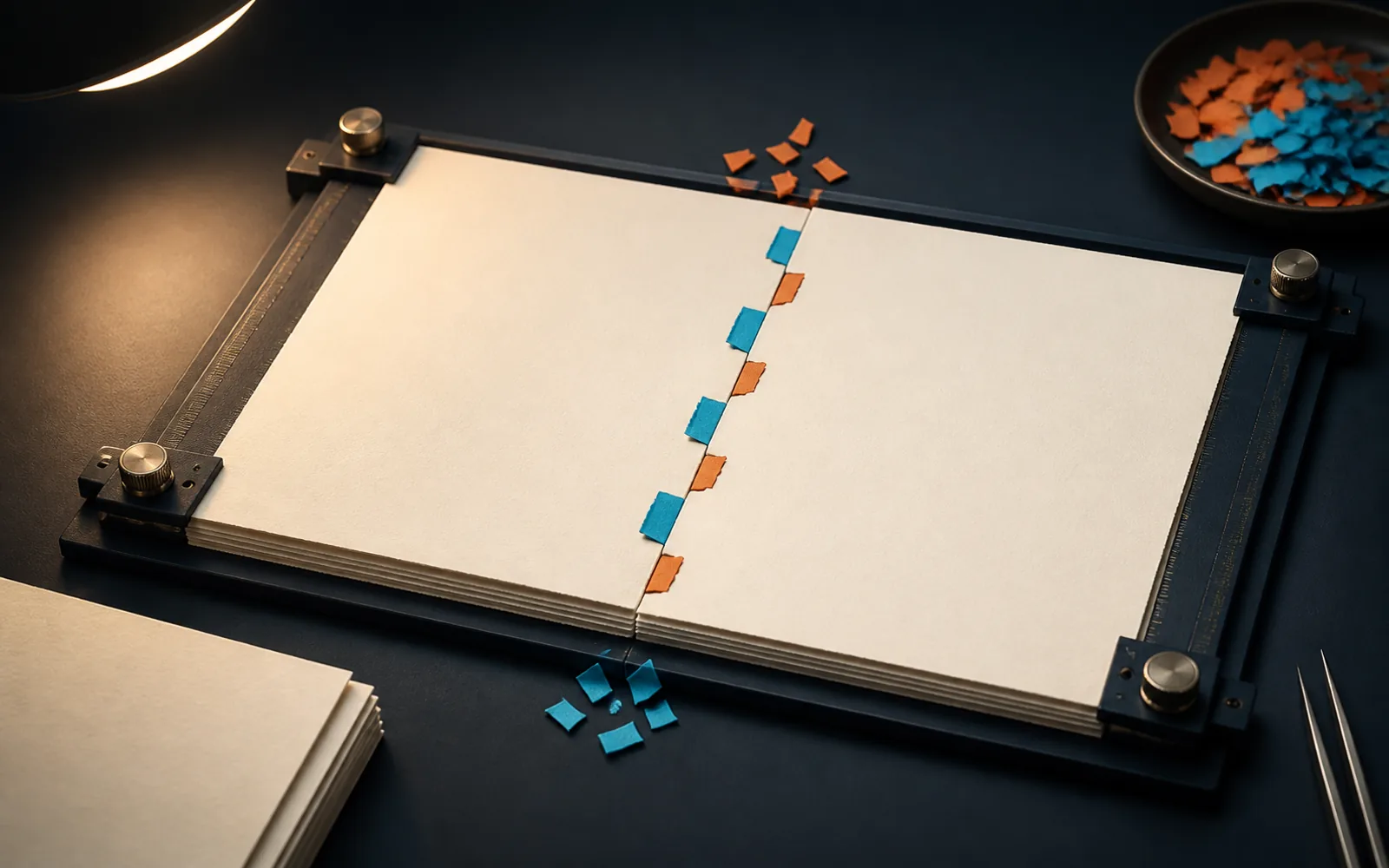 Two blank document stacks meet along a precise seam of cyan insertions and orange removals.
