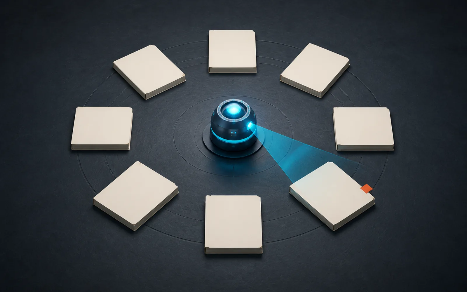 A central inspection beacon sweeps a fixed ring of blank documents and highlights one orange change tab.