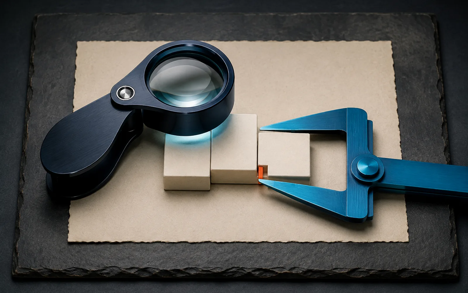 A loupe and blue calipers inspect interlocking blank specification blocks, exposing a small orange gap.