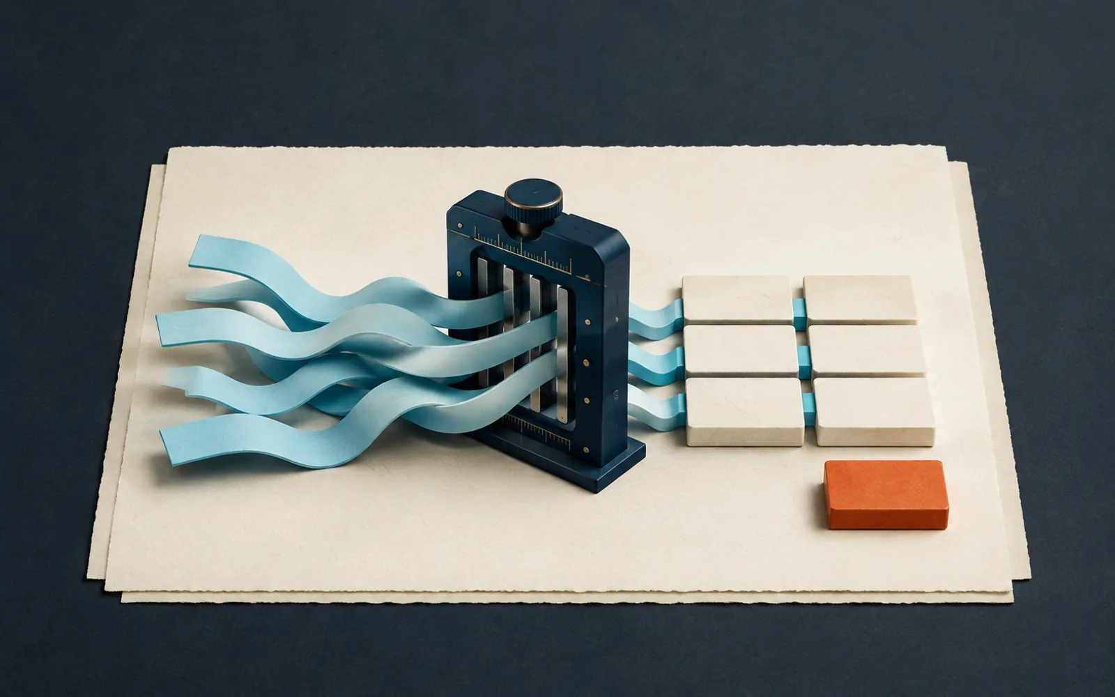 Unmarked cyan conversation ribbons pass through a navy calibration gate and emerge as aligned specification blocks beside an orange exception.