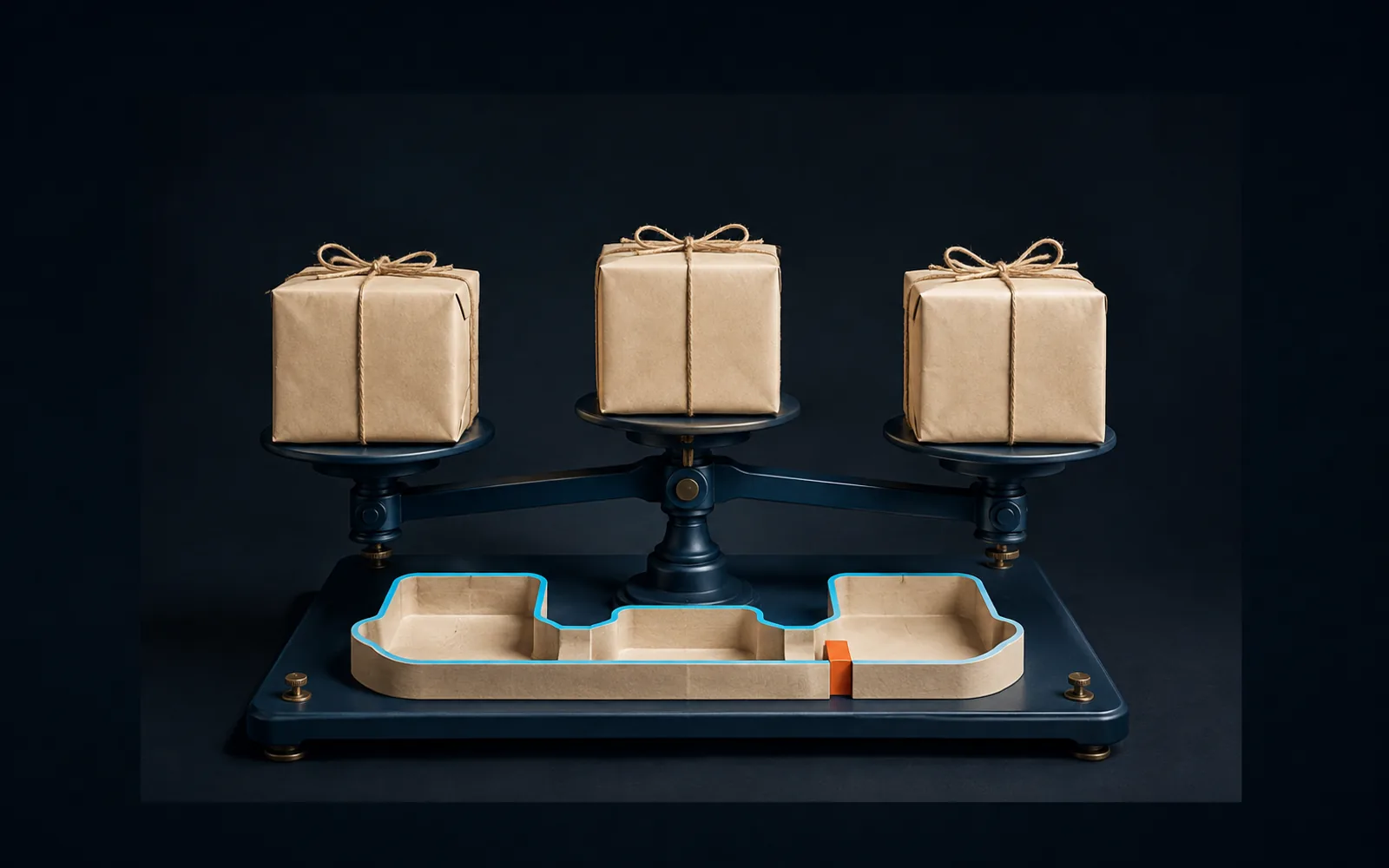 Three anonymous paper parcels rest on a three-arm balance above a cyan-edged comparison mold with an orange gap marker.