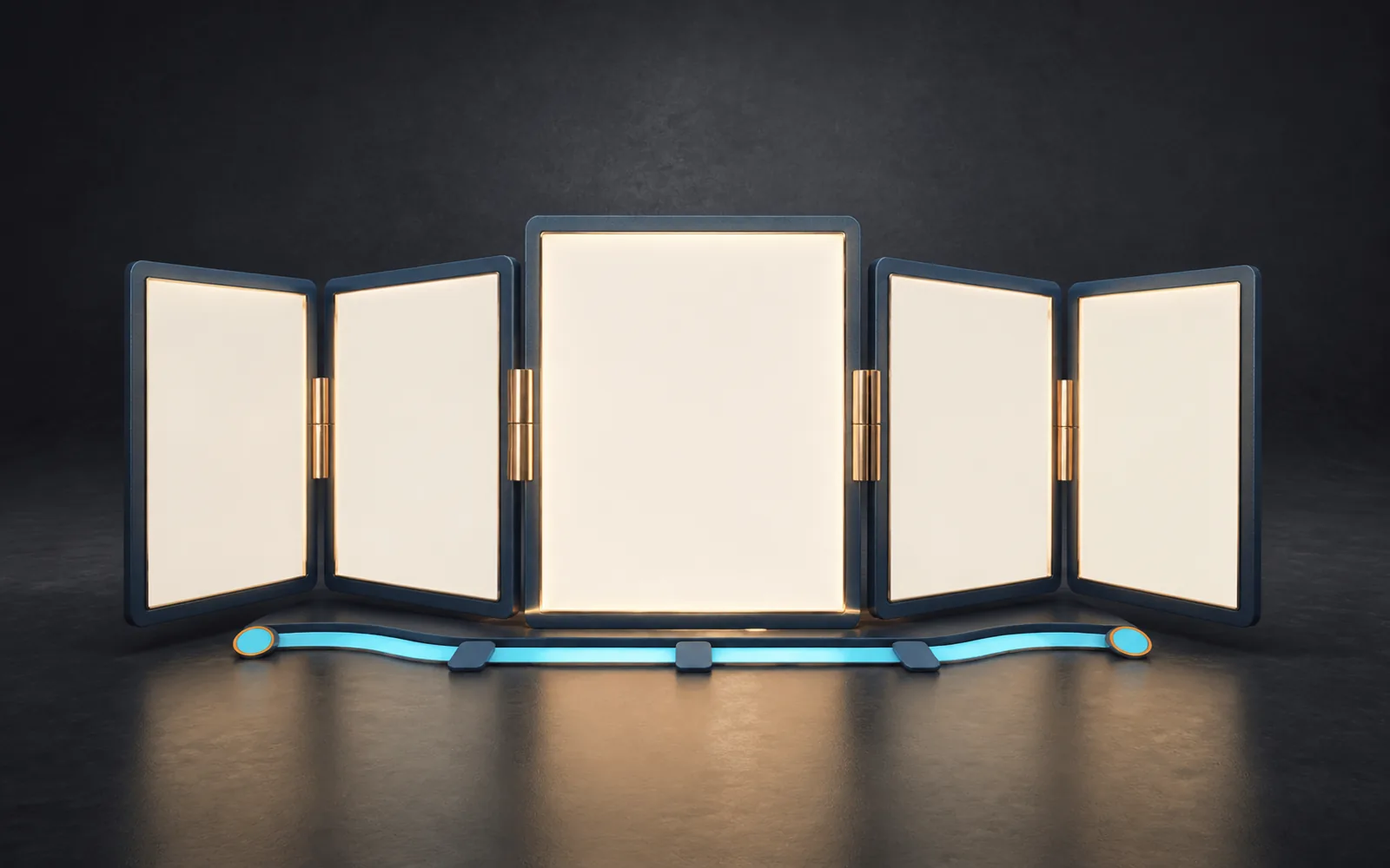 Five blank illuminated presentation canvases unfold around a central stage above a cyan progress ribbon.
