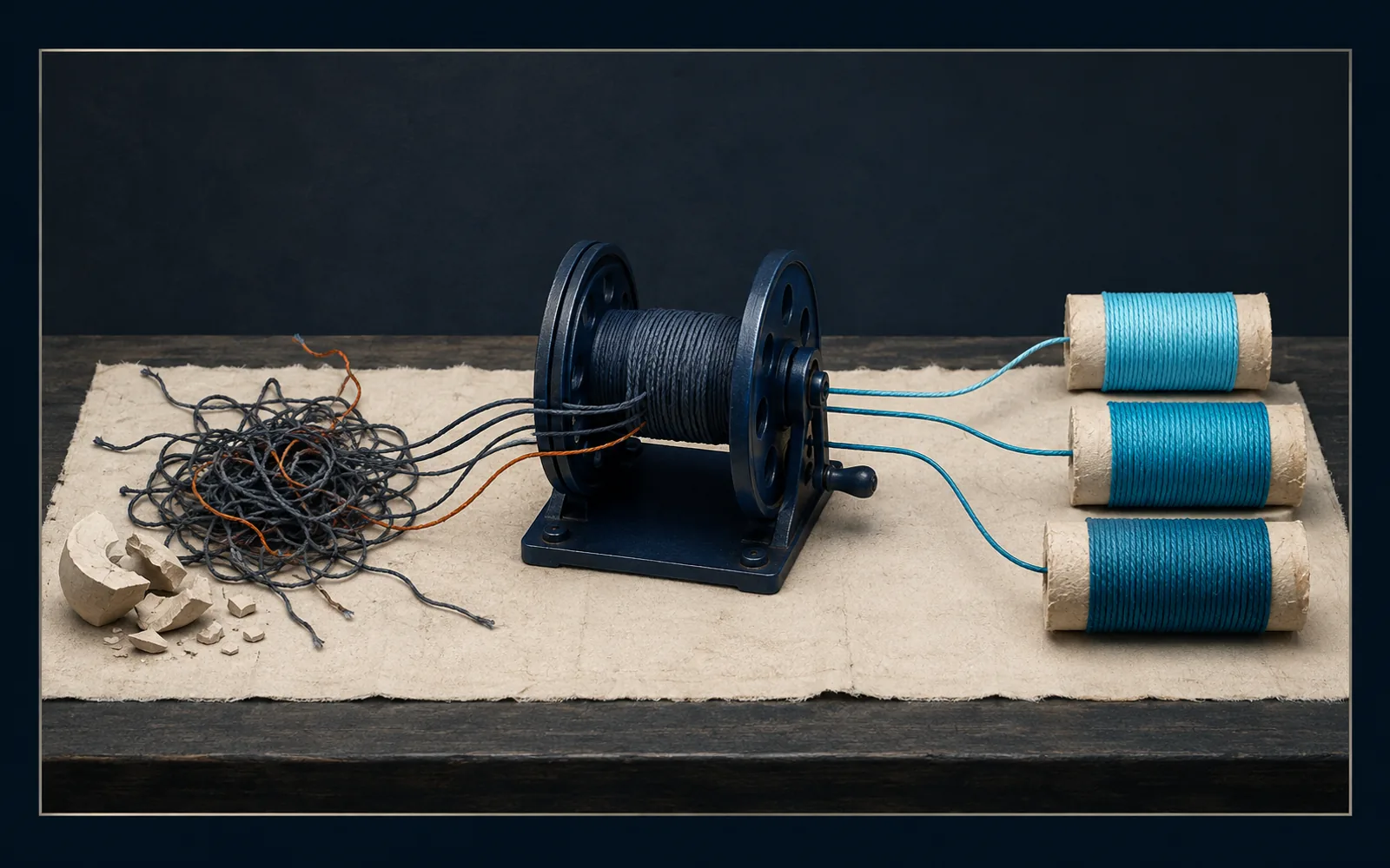 A navy reel pulls a tangled bundle of slate cord into three orderly cyan thread spools with sparing orange strands.