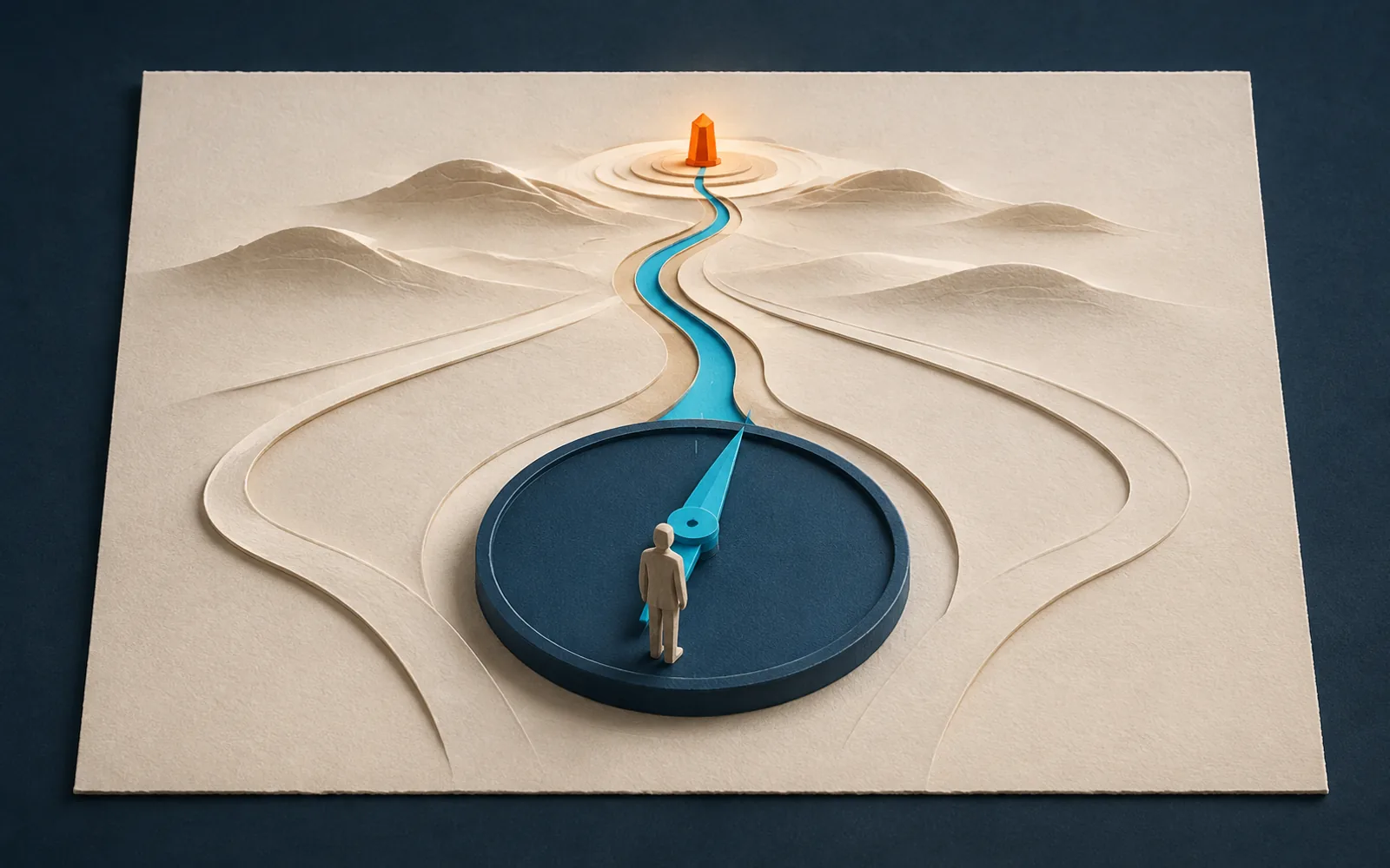 A faceless figure stands on an unmarked navy compass whose cyan needle aligns branching paper paths with an orange beacon.