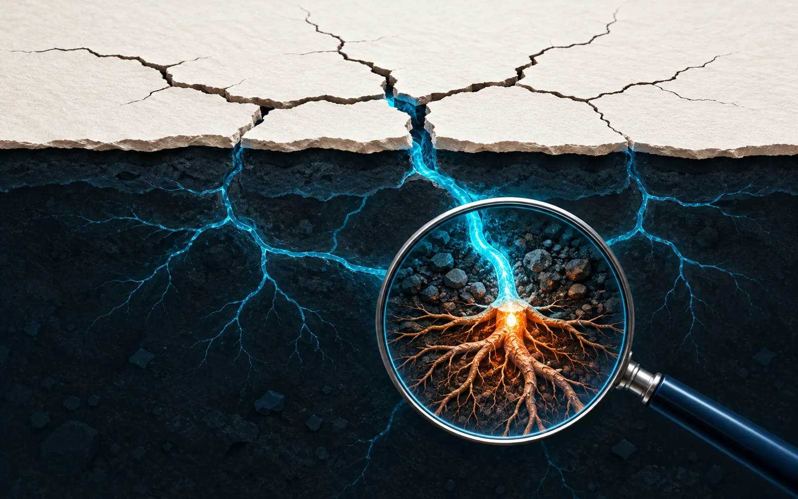 Inspection lens tracing surface cracks to a single illuminated root cause below.