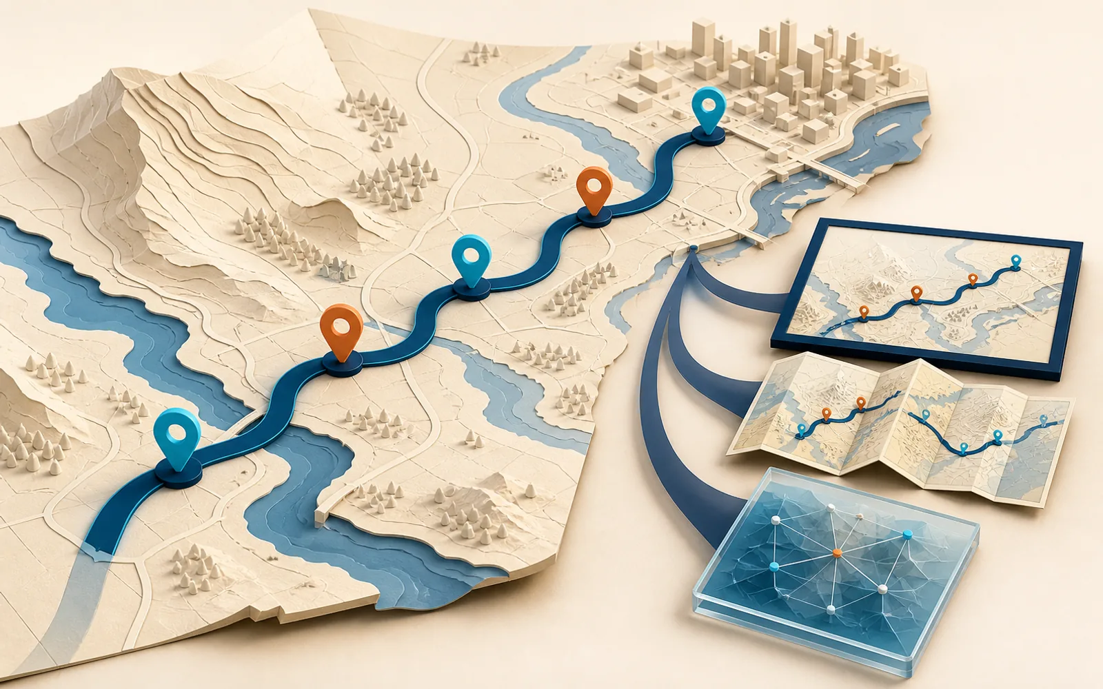 Five colored pins follow a navy route across a layered terrain map toward three map-output artifacts.