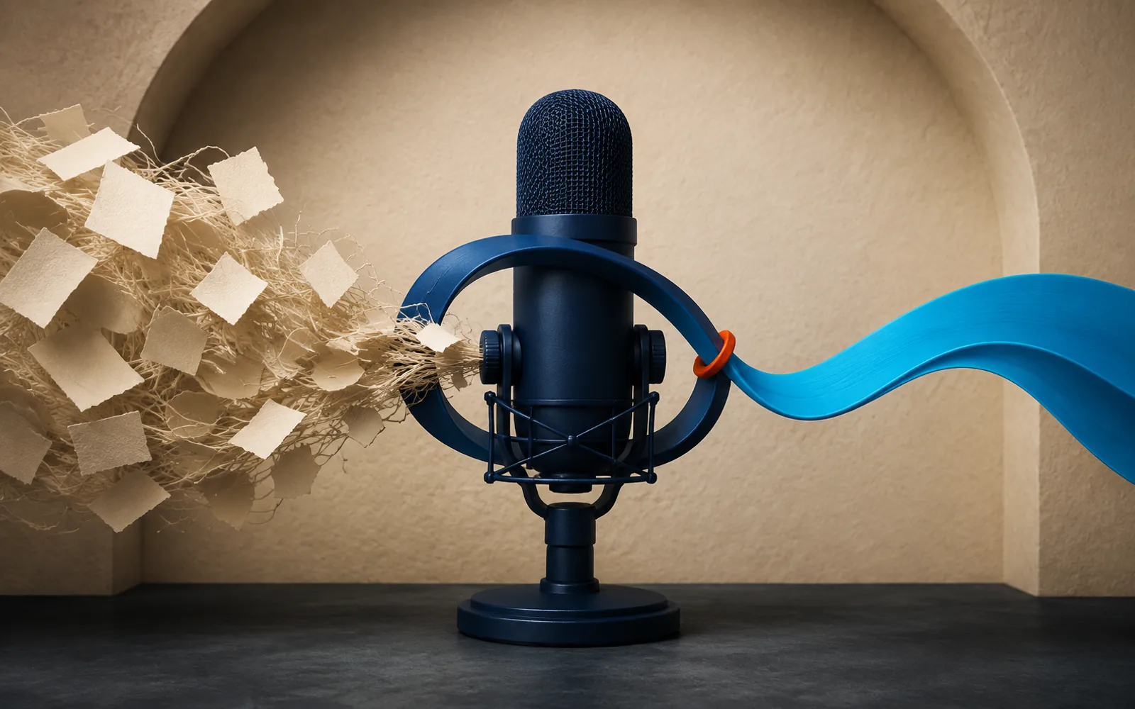 Navy studio microphone transforms blank paper fragments into a continuous cyan audio ribbon.