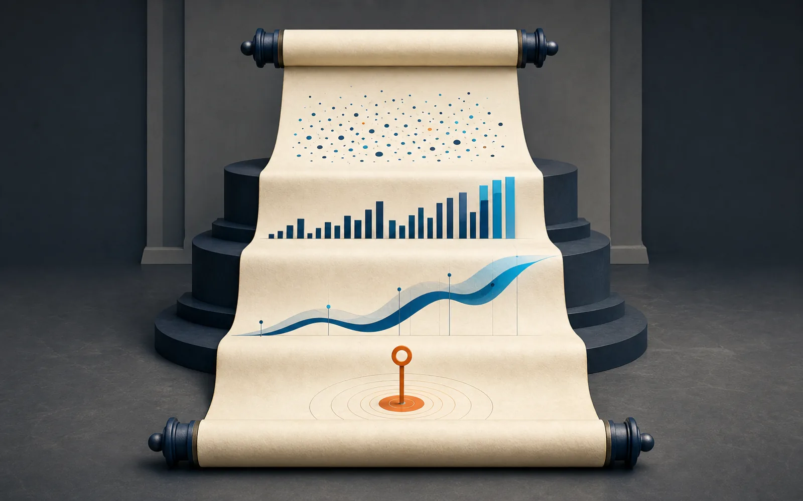 A long paper scroll turns scattered data dots into ordered bars, a trend ribbon, and a final orange insight marker.