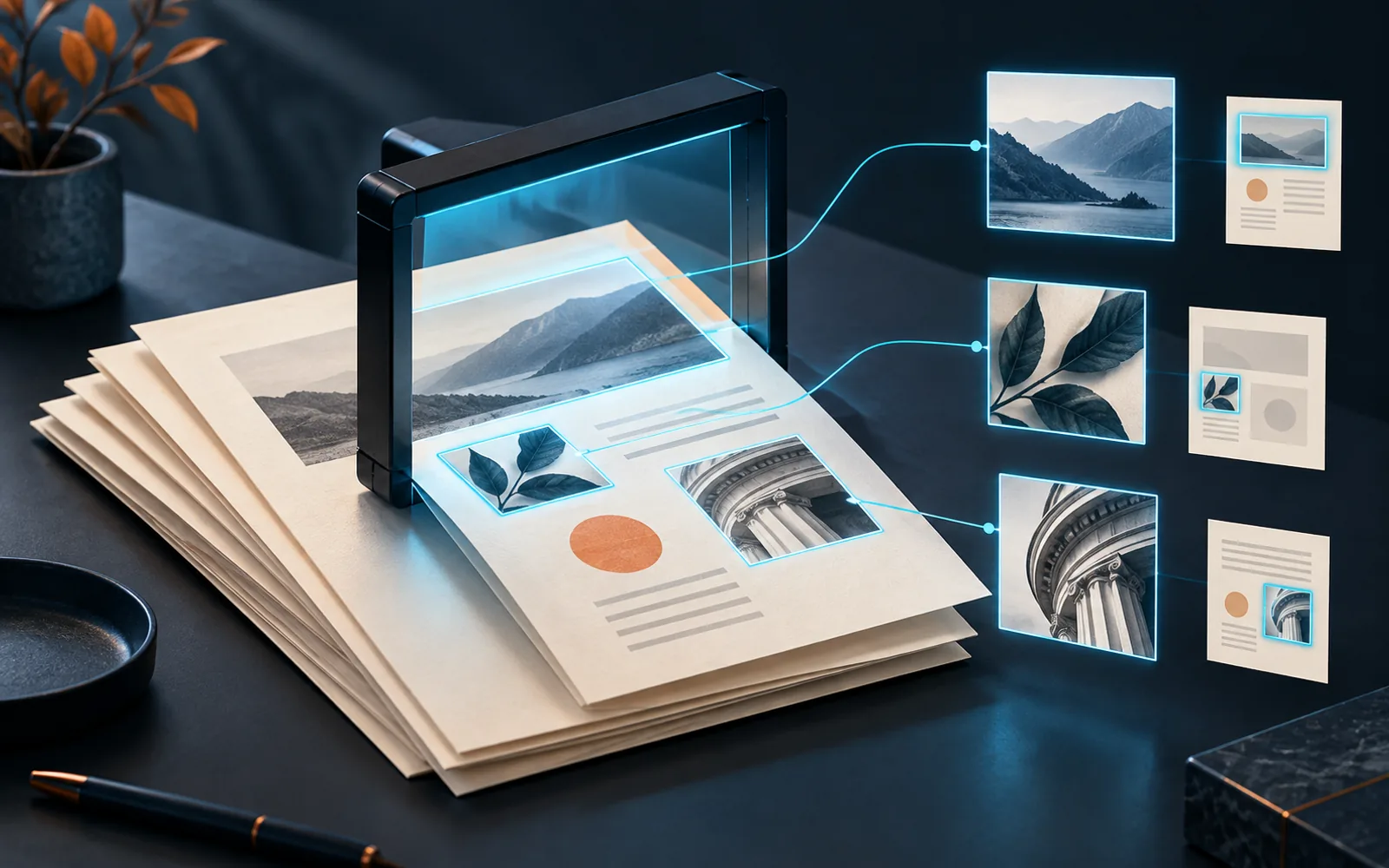 Optical frame extracting meaningful image crops from layered documents while preserving source context.