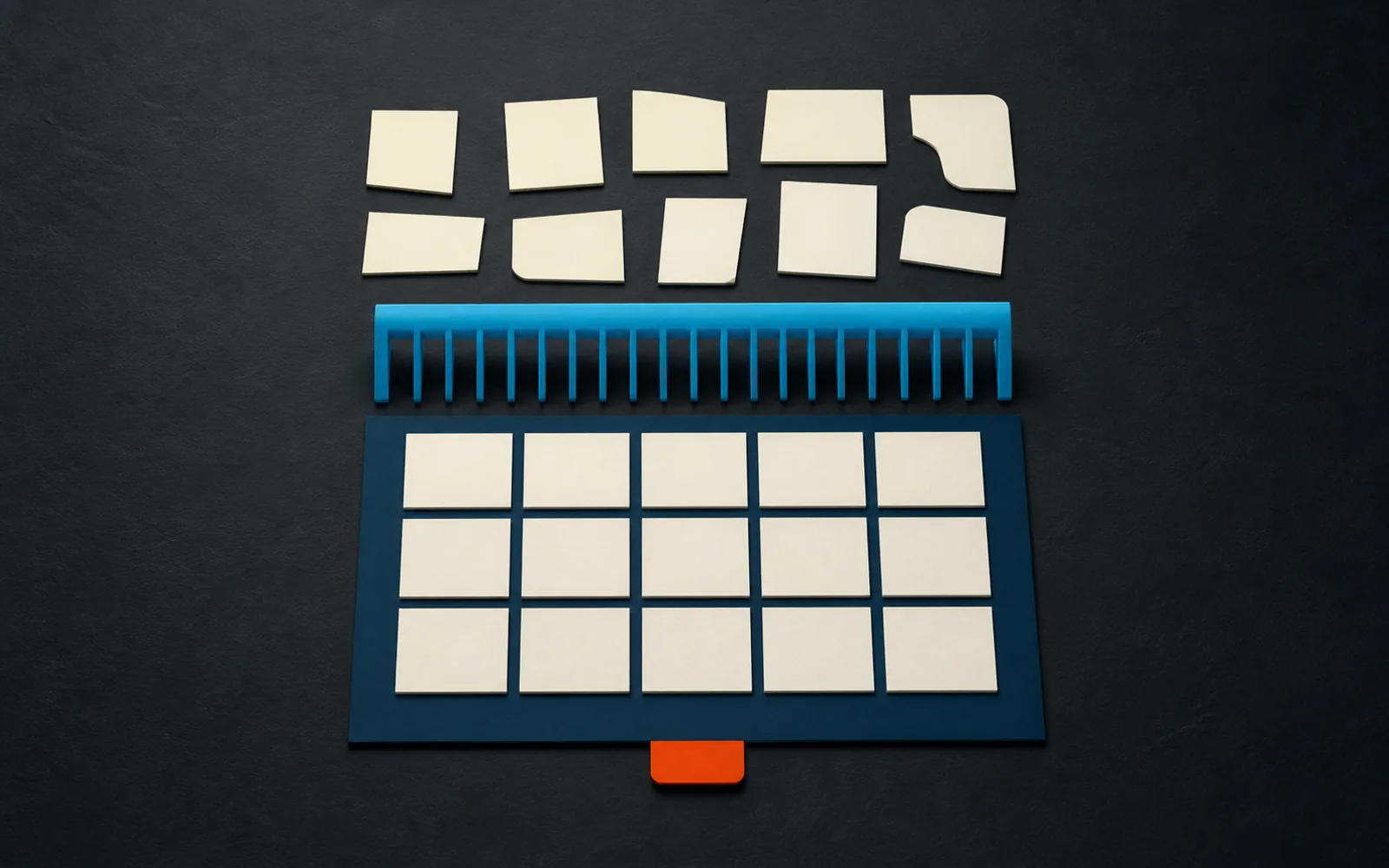 Irregular blank record tiles pass through a cyan organizing comb and settle into a consistent table.