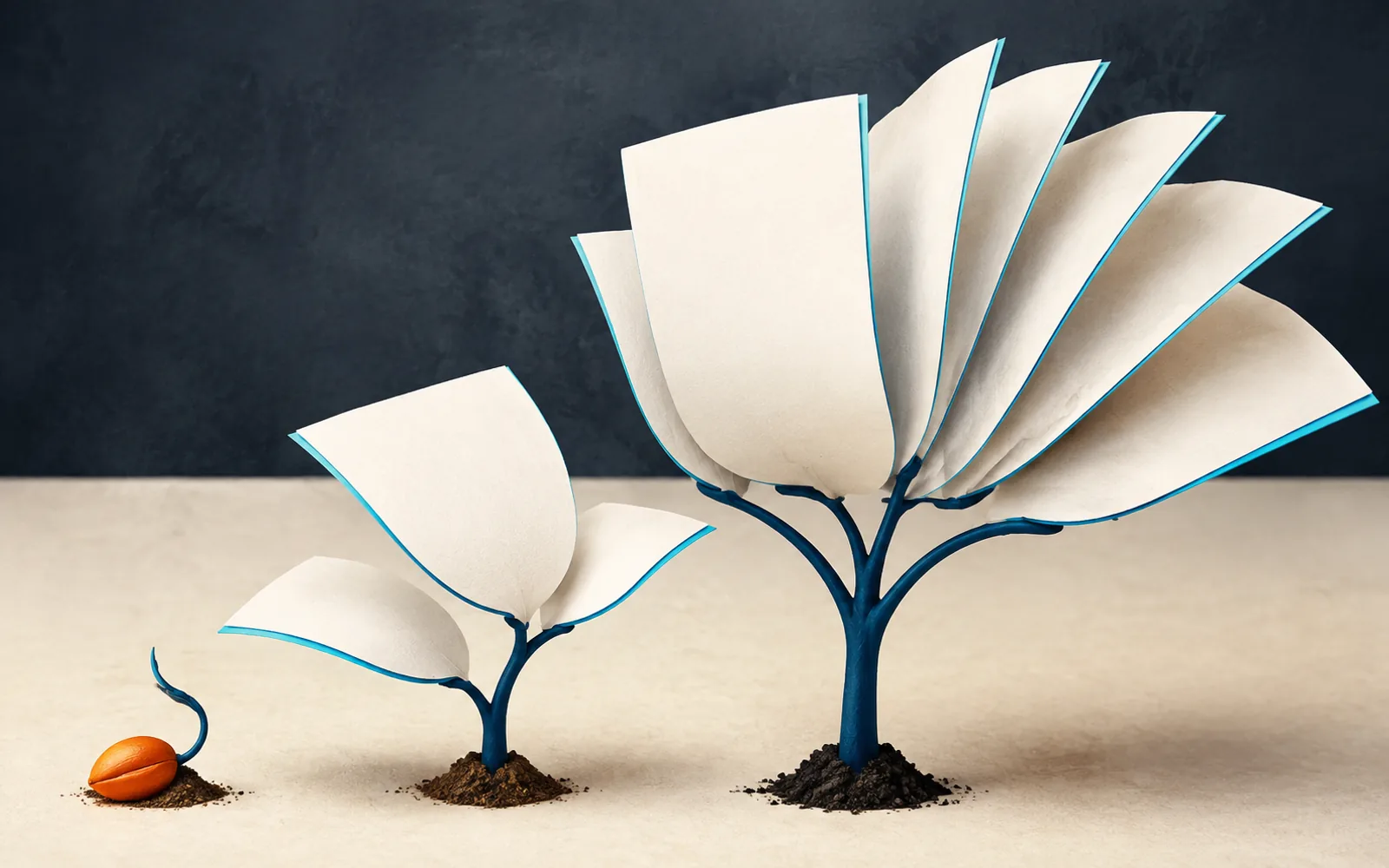 Three-stage navy plant grows from an orange seed into a fan of blank cyan-edged paper leaves.