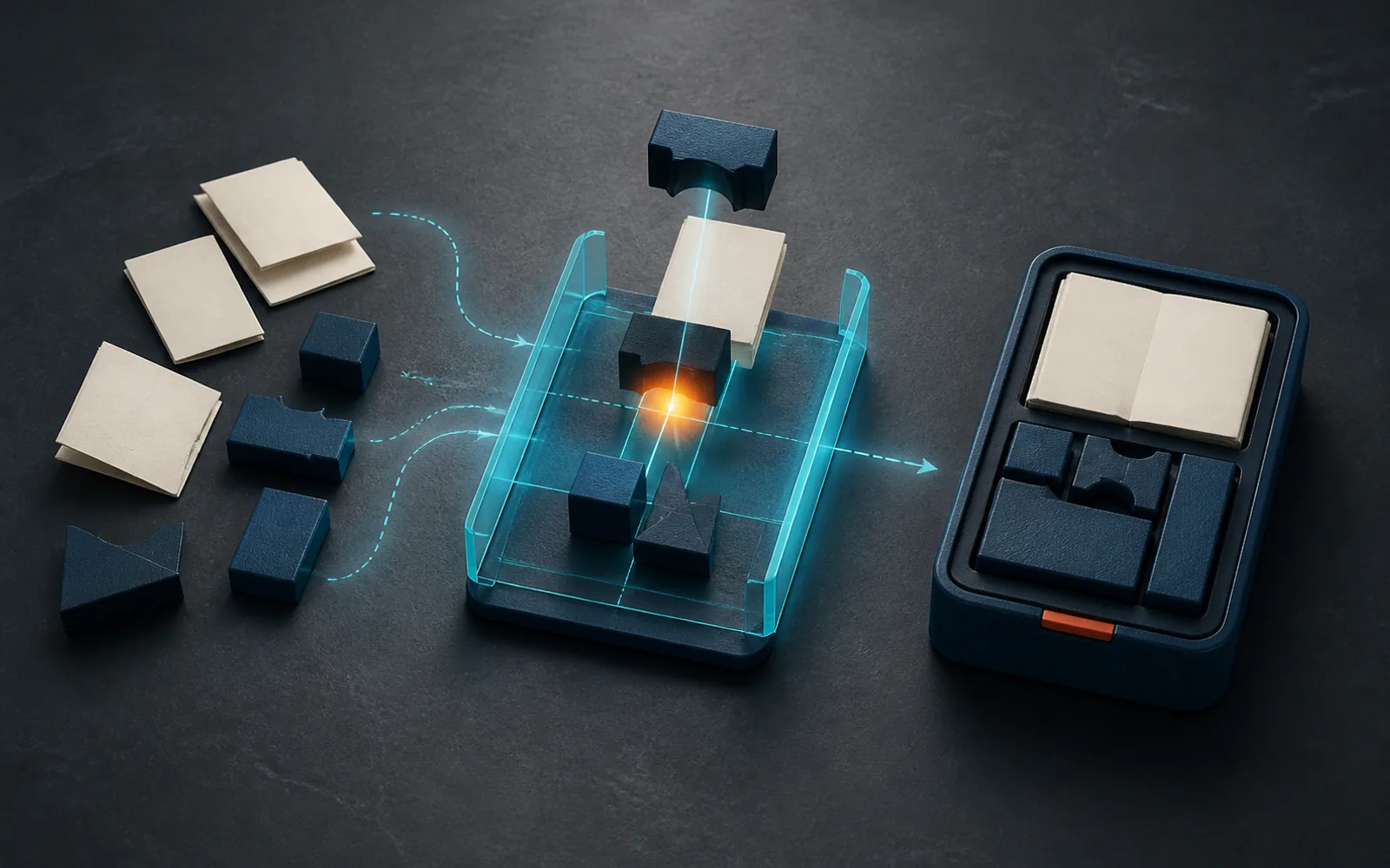 Loose modules align through a cyan assembly jig into a compact reusable toolkit.