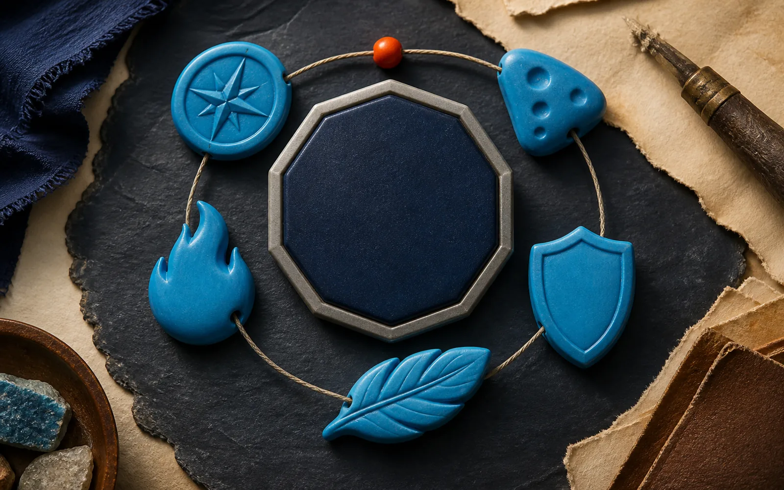 Blank faceted navy medallion ringed by cyan elemental and tool tokens on a connecting thread.
