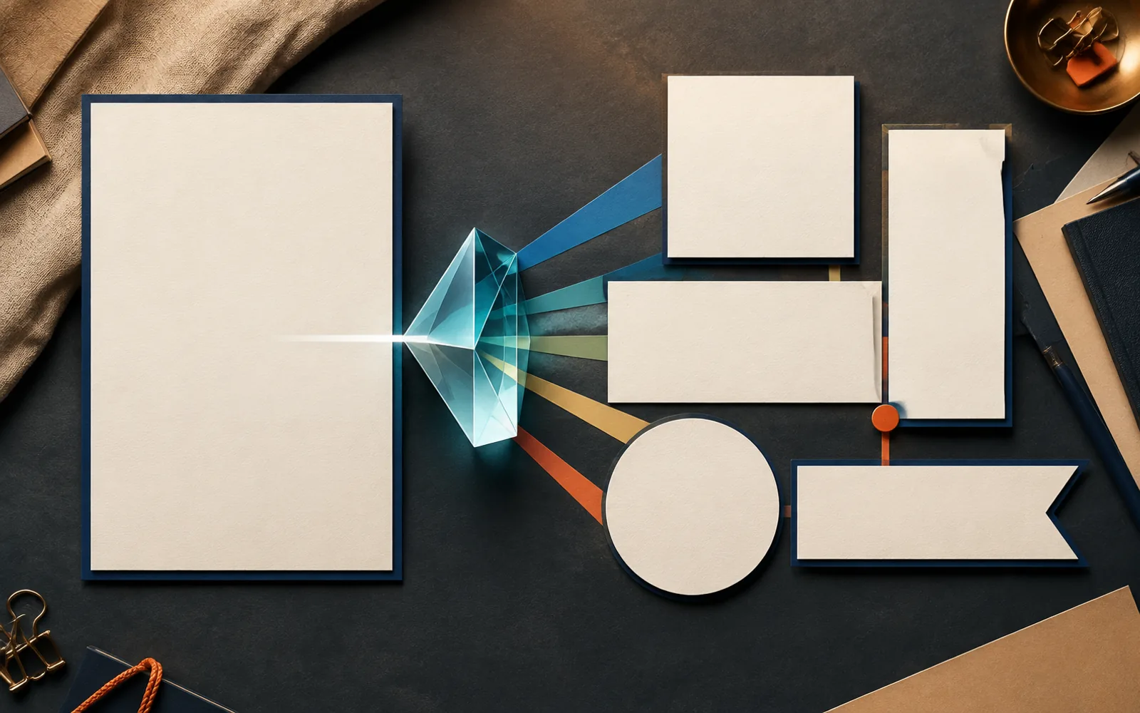 Blank source sheet refracted through a cyan glass prism into coordinated tiles of different proportions.
