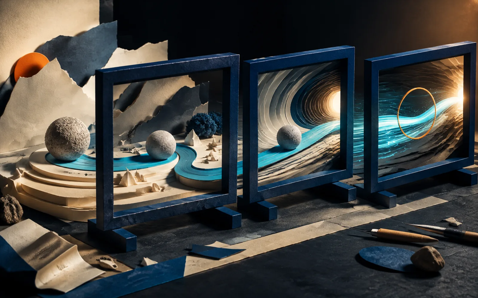 Three navy storyboard frames transform a miniature stone sphere scene into a luminous cyan cinematic flow.