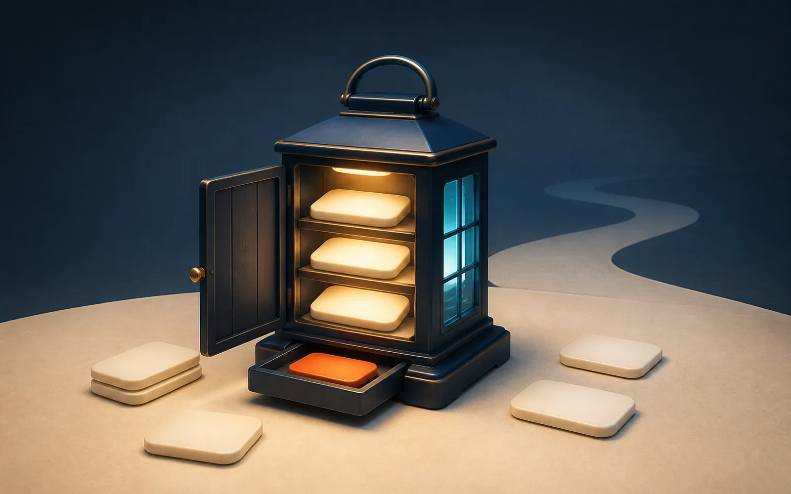 A lantern-like knowledge cabinet illuminates blank message tokens and holds one unresolved orange token in a catch tray.