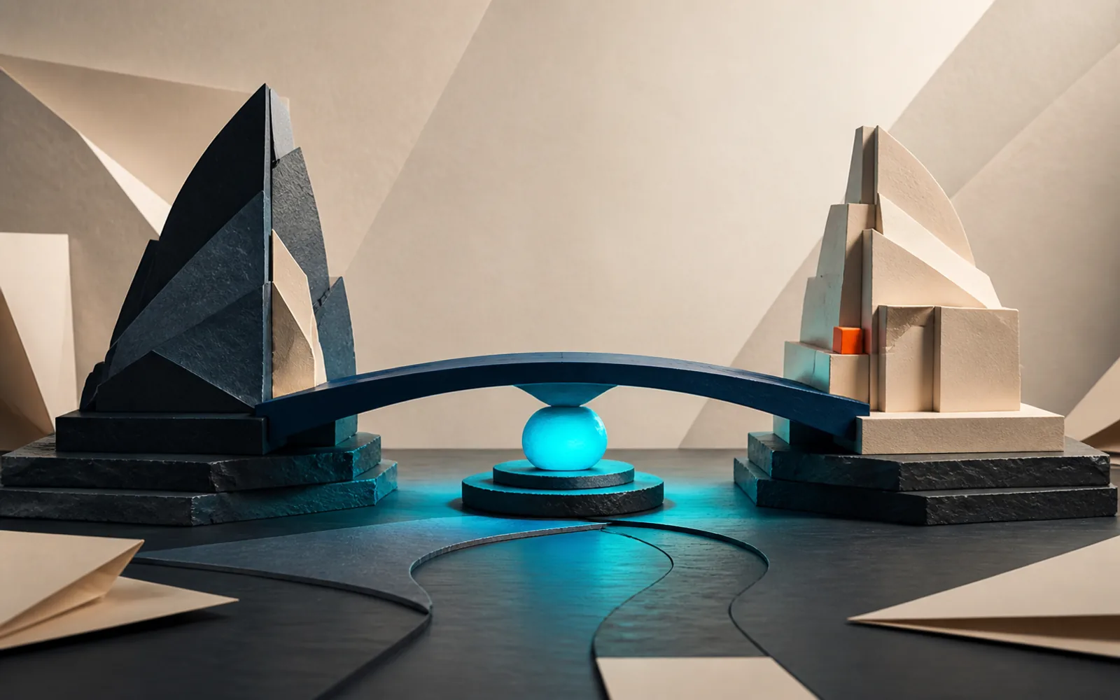 Two geometric structures are linked by a balanced navy bridge resting on a cyan-lit central anchor.