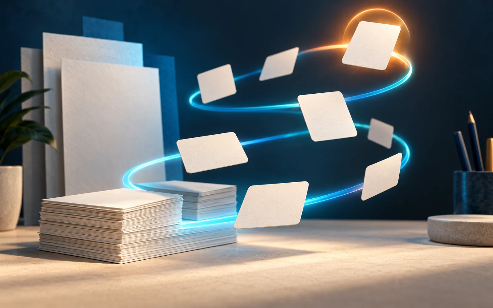 Blank study cards following a luminous spiral from stacked source pages toward a warm recall point