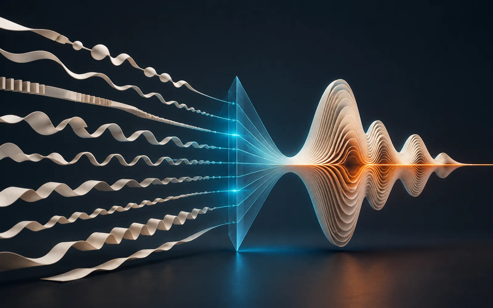 Several paper-like communication rhythms pass through a cyan prism and become one distinctive waveform.