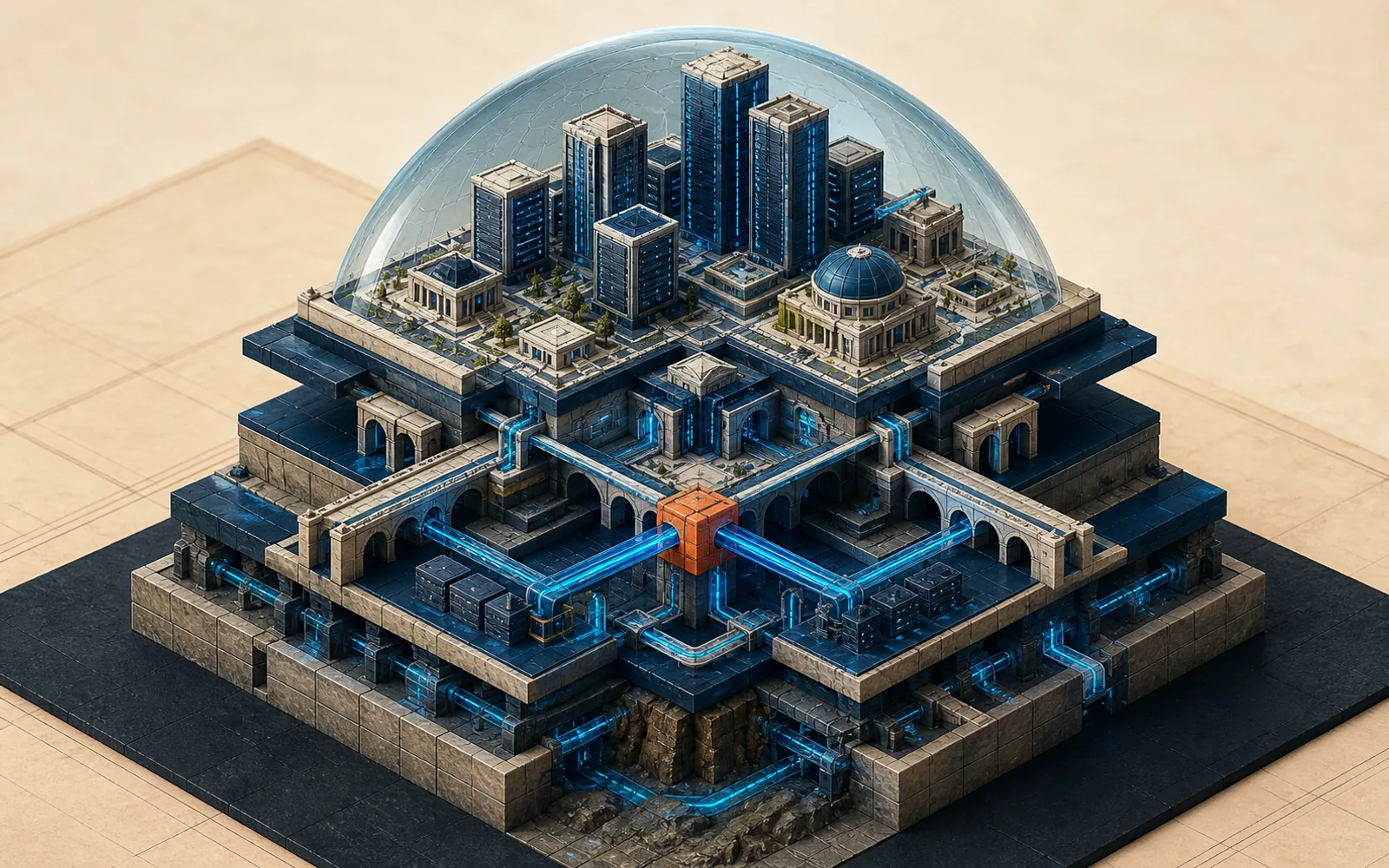 Layered miniature city under a translucent dome joined by glowing cyan conduits and an orange central junction.