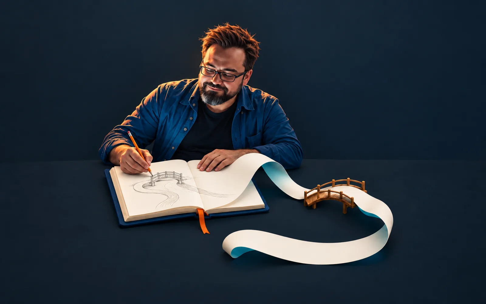 The referenced writer, wearing glasses and a blue overshirt, draws a bridge in an open book beside a paper path crossing a wooden bridge.