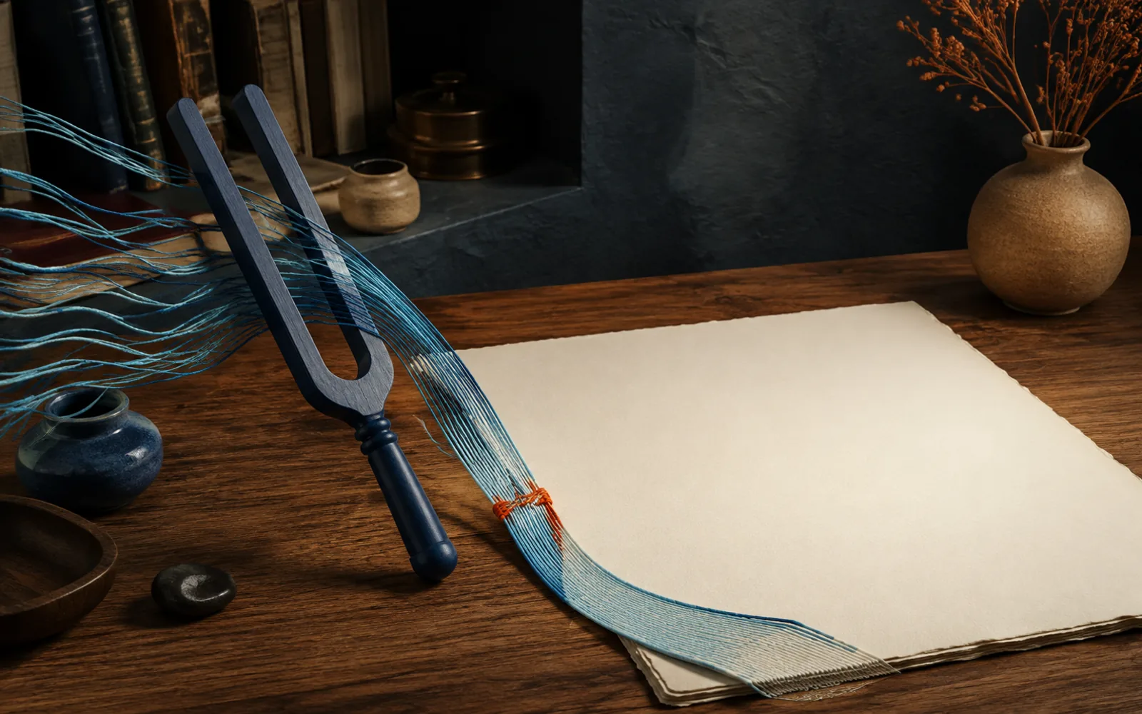 Navy tuning fork gathers loose cyan threads into a woven ribbon flowing over blank paper.