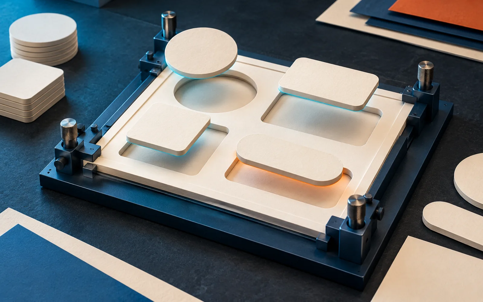 Blank paper forms fit into a precision document template jig.