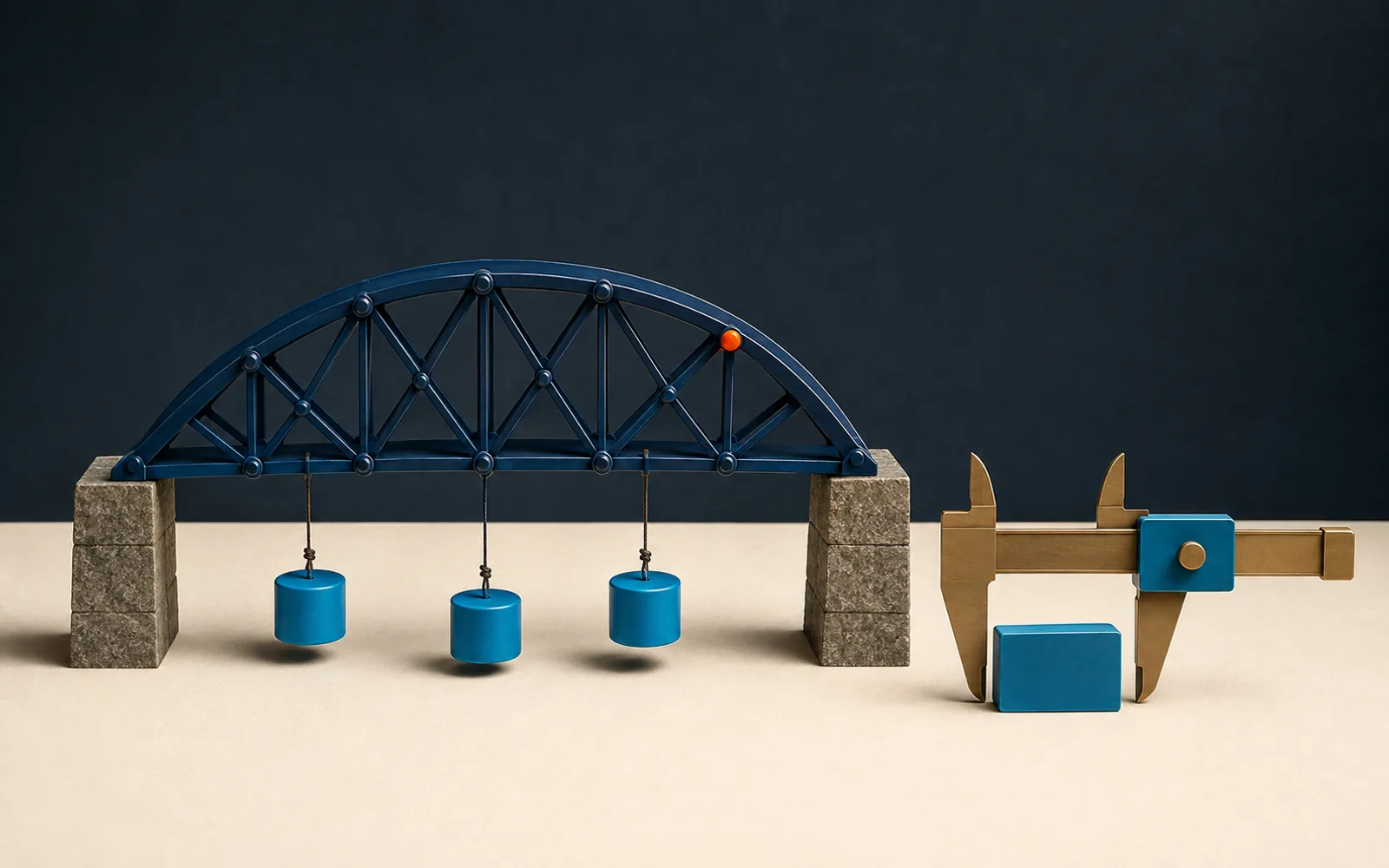 Navy truss bridge carries three hanging cyan test weights beside an unmarked brass caliper and blank block.