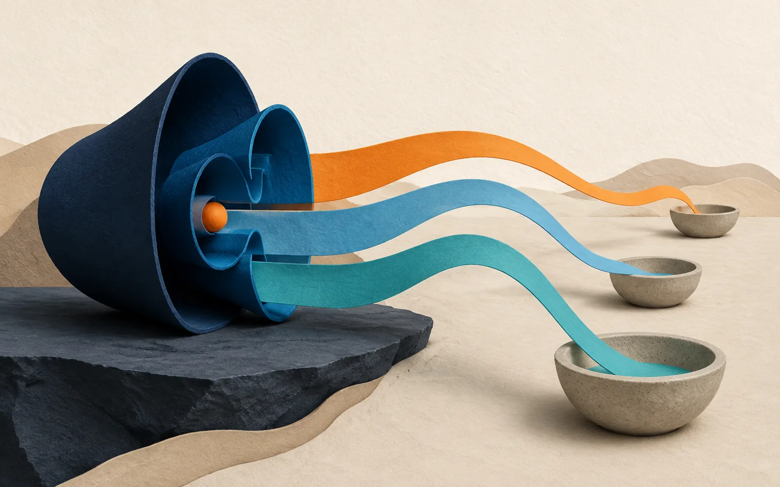 Nested navy acoustic chambers send orange and cyan ribbons into stone bowls at increasing distances.