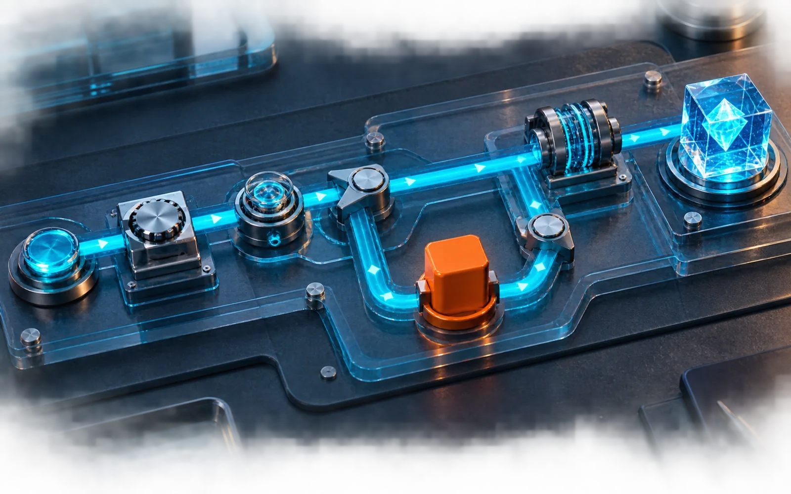 A cyan tool path branches around a plain orange interruption and rejoins before reaching a clear audit crystal.
