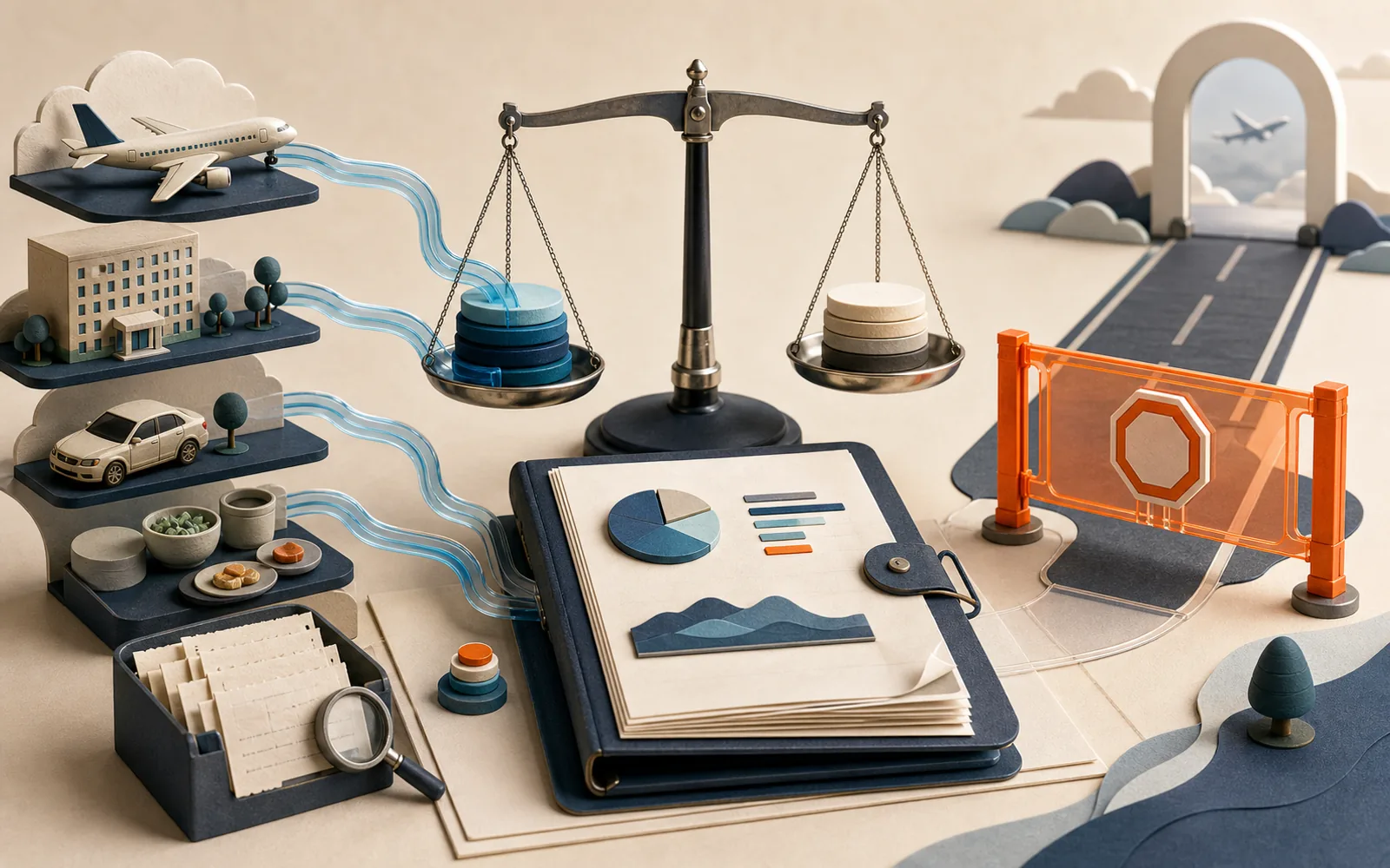 Travel components and expense evidence feed a balanced estimate folio while an orange gate blocks the booking path.